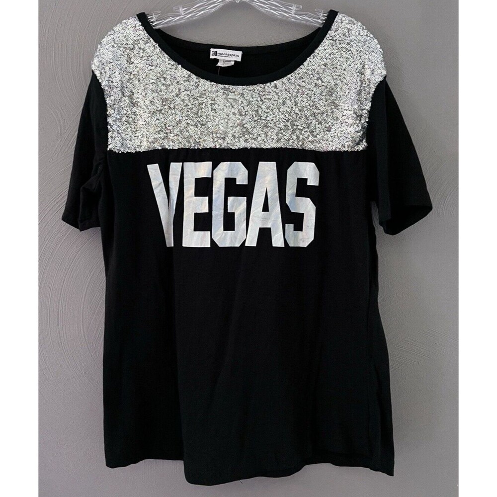 NEW Las Vegas T-Shirt Women's L/XL Black w/ Silver Sequins Stretch MGM *read